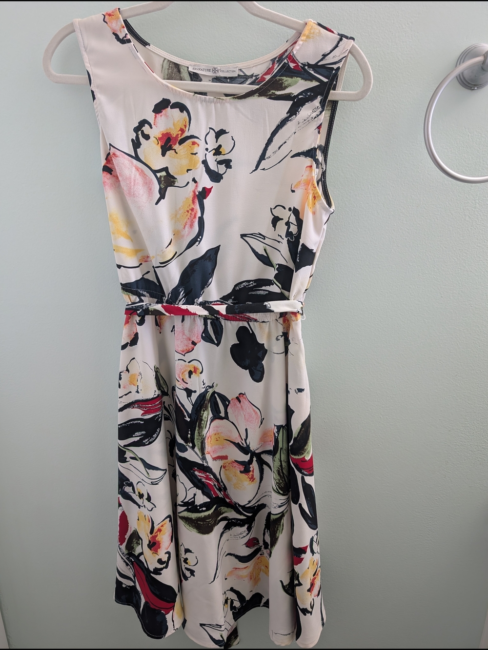 Sleeveless Watercolor Floral Midi Dress in White with Navy & Yellow Accents